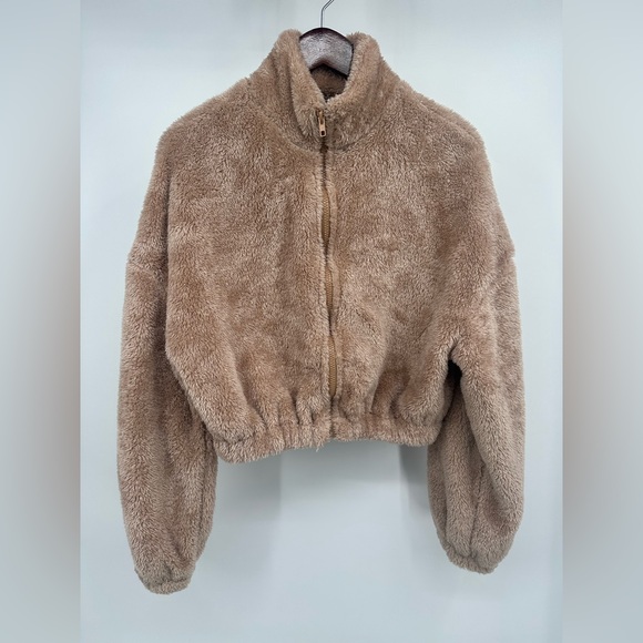 No Brand Jackets & Blazers - Tan Teddy Jacket with Stand-Up Collar and Cropped Style